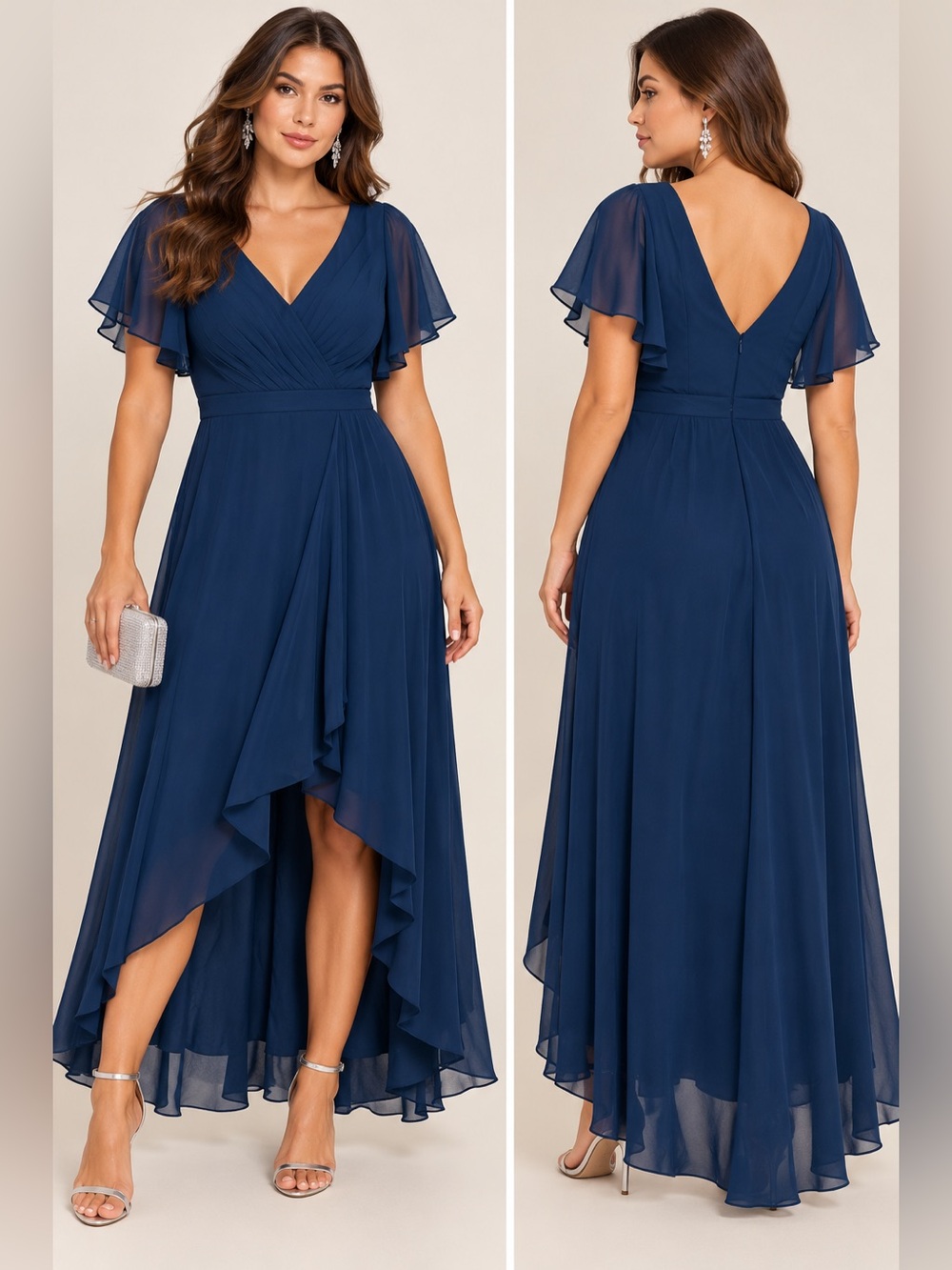 Midnight Navy Blue Chiffon High Low Flutter Sleeve Dress Size 6